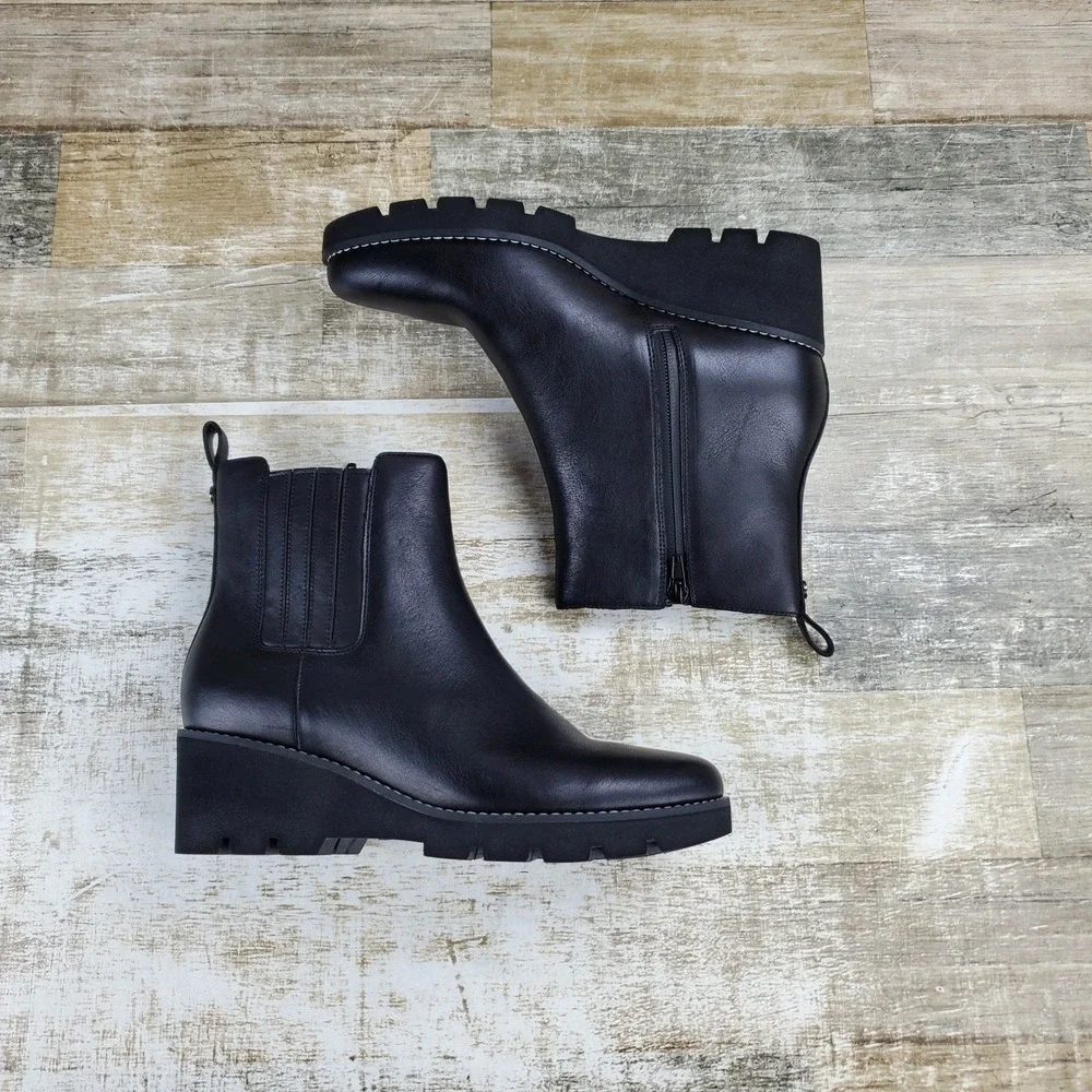 Vionic Aria Womens Wedge Ankle Booties Sz 9 M Black Leather Mid-Top Pull On